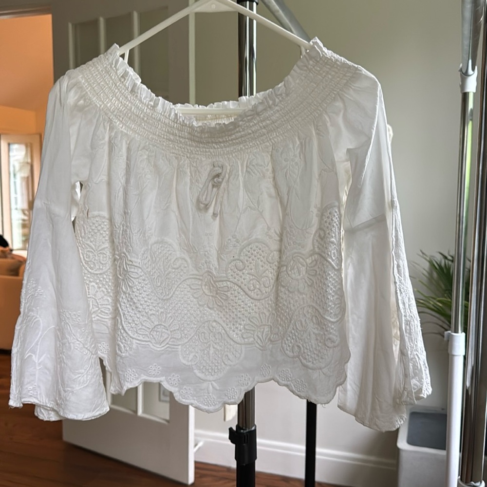 Red Carter White Smocked Bell Sleeve Blouse